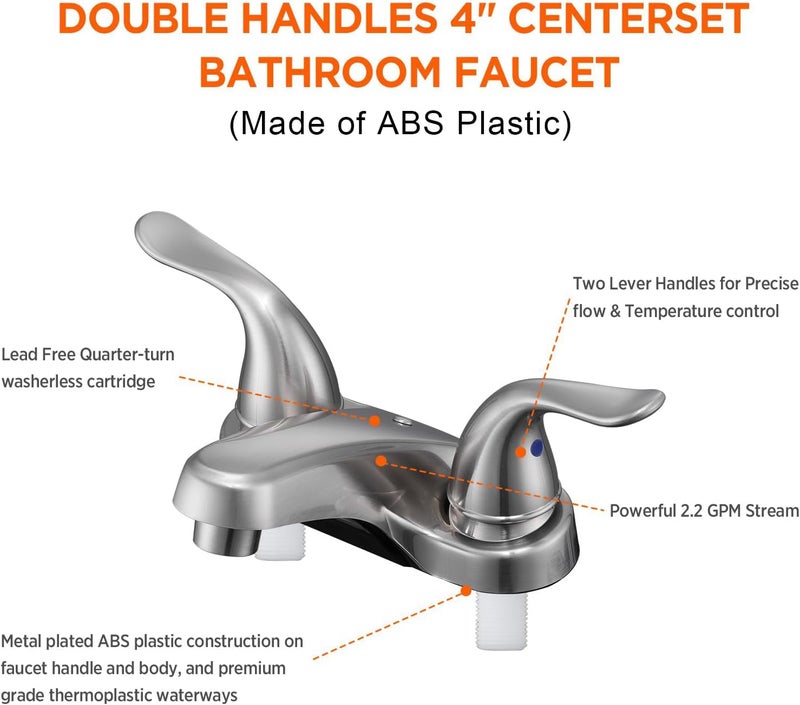 KPWATER Bathroom Sink Faucets 2/3 Hole,Brushed Nickel Dual Handles 4 inch Plastic Plating Over Bathroom Faucet with Pop-up Drain and 2 Supply Hoses for Apartment Rvs Sink Vanity - Image 2